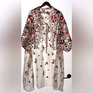 Anthropologie Self‎ Contrast Floral Embroidered Duster NEW OSFM Boho Elegant